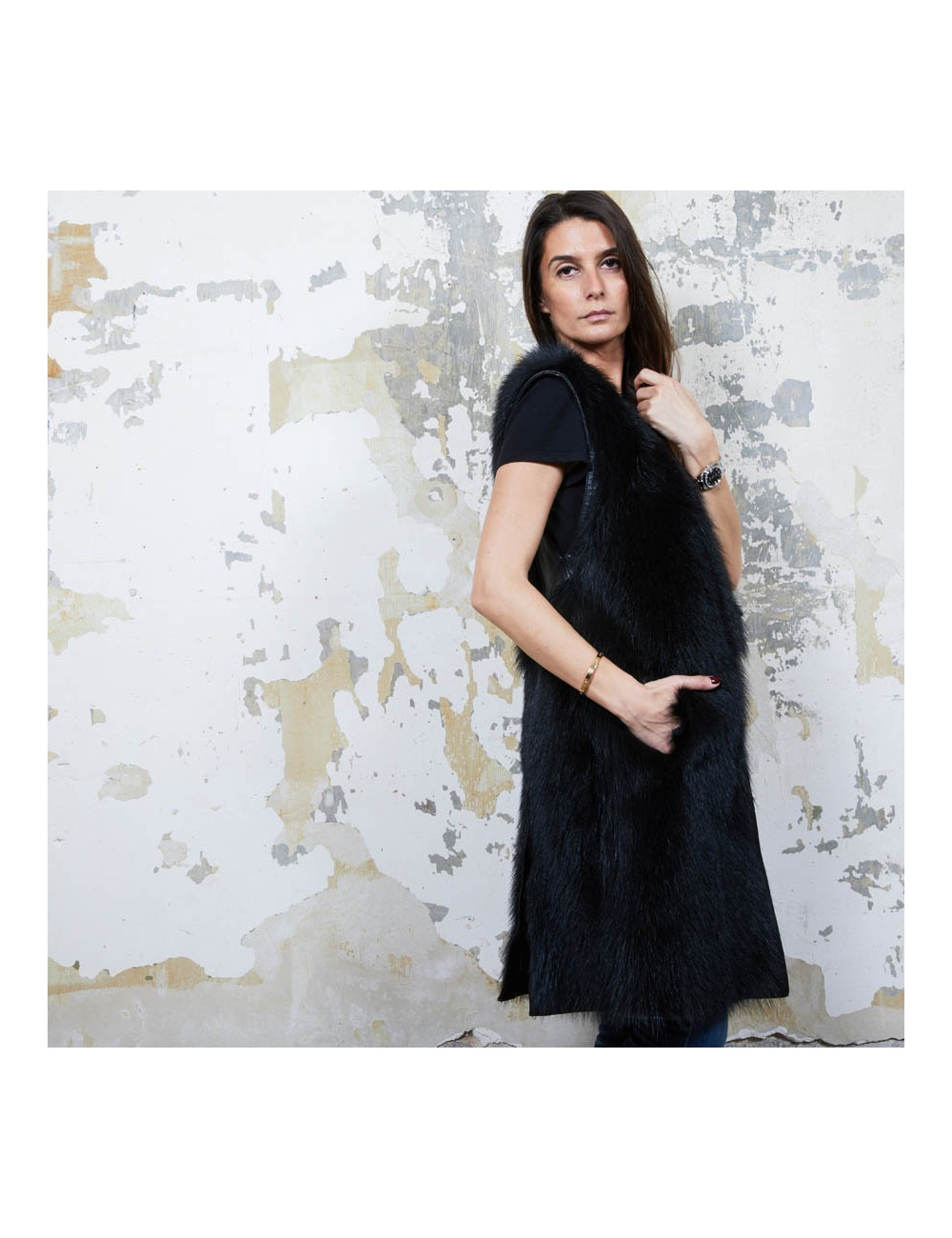 VESTE SANS MANCHES EN CUIR ET FRANGES