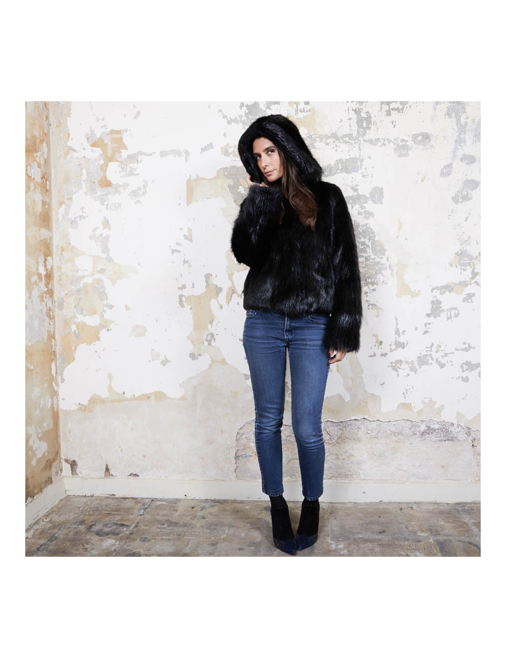 CHLOE hooded jacket in black shiny beaver fur size 38FR