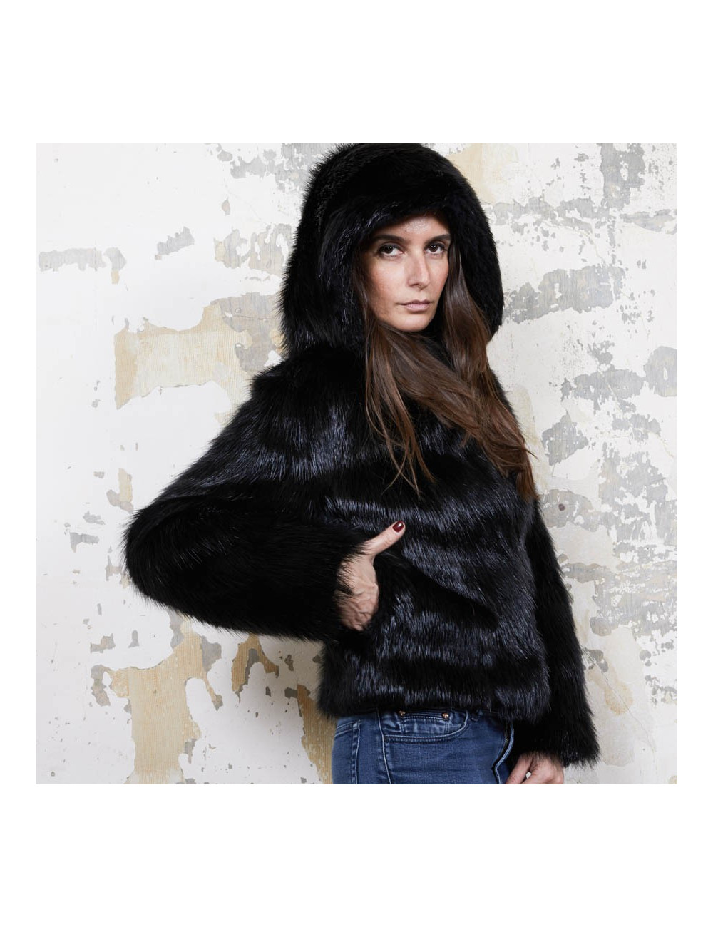 CHLOE hooded jacket in black shiny beaver fur size 38FR