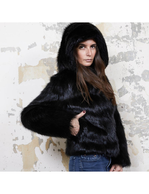 CHLOE hooded jacket in black shiny beaver fur size 38FR