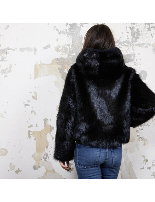 CHLOE hooded jacket in black shiny beaver fur size 38FR