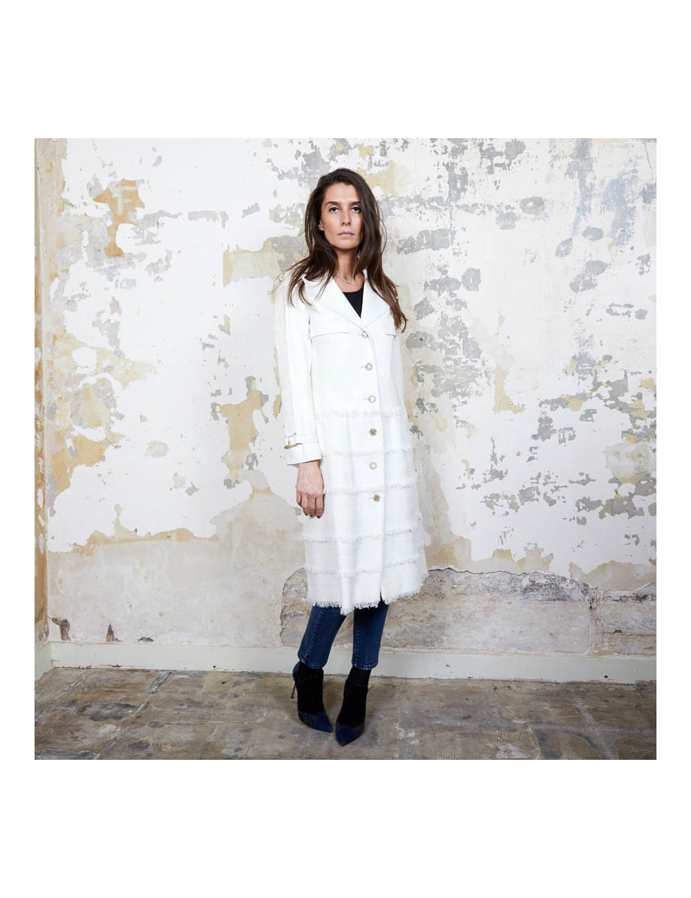 Manteau CHANEL T  cuir et tweed bege