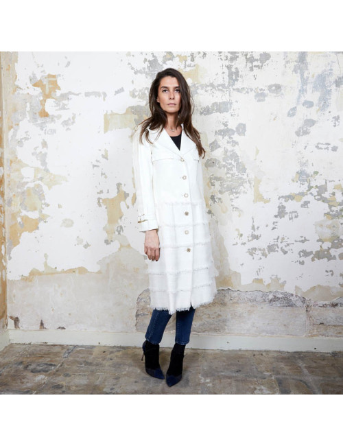 Manteau CHANEL T  cuir et tweed bege