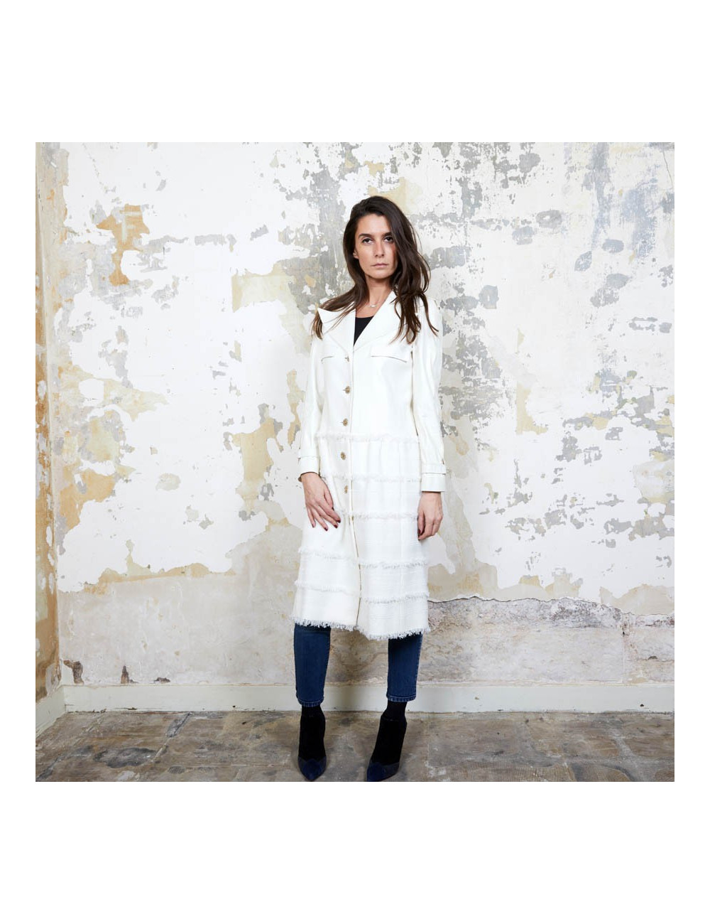 Manteau CHANEL T  cuir et tweed bege