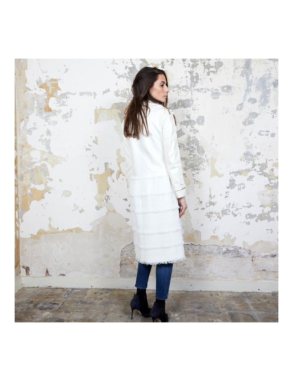 Manteau CHANEL T  cuir et tweed bege