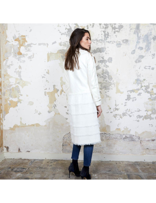 Manteau CHANEL T  cuir et tweed bege