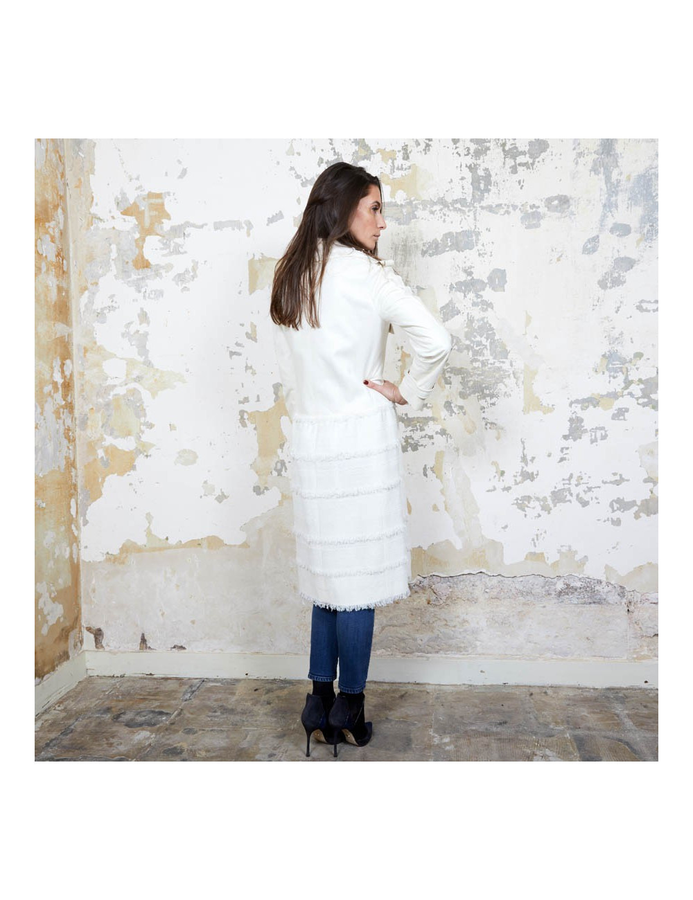 Manteau CHANEL T  cuir et tweed bege