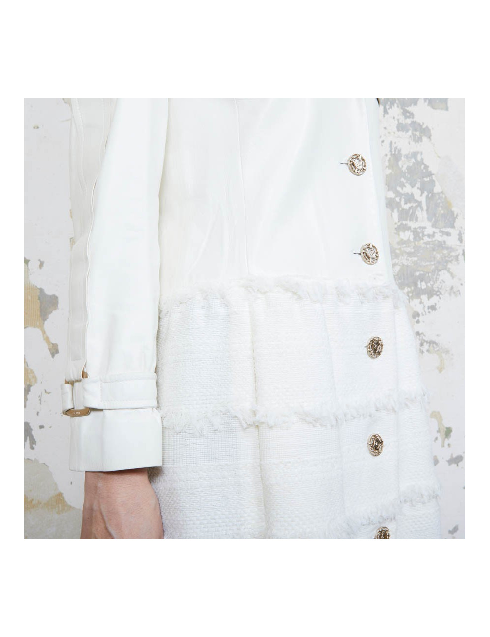 Manteau CHANEL T  cuir et tweed bege