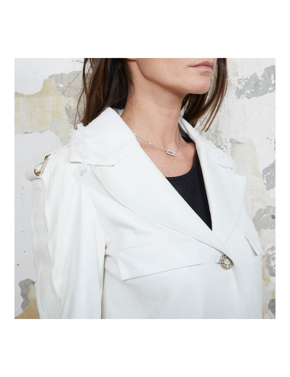 Manteau CHANEL T  cuir et tweed bege