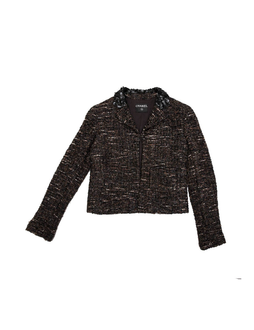 Veste CHANEL T  en tweed marron et fils brillants noirs