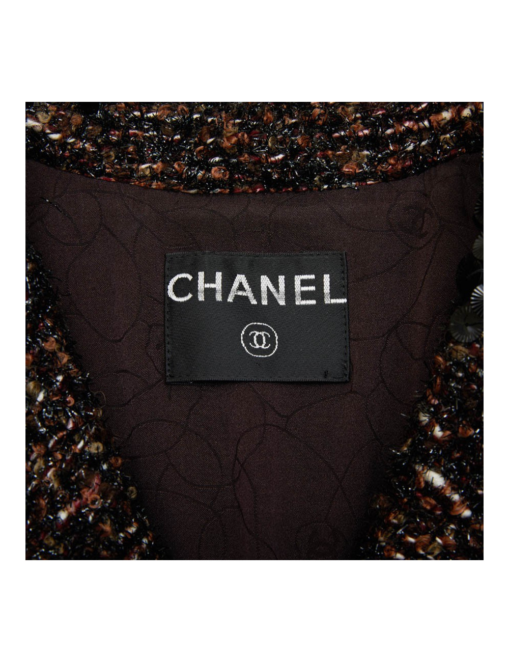 Veste CHANEL T  en tweed marron et fils brillants noirs