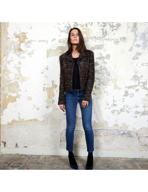 Veste CHANEL T  en tweed marron et fils brillants noirs