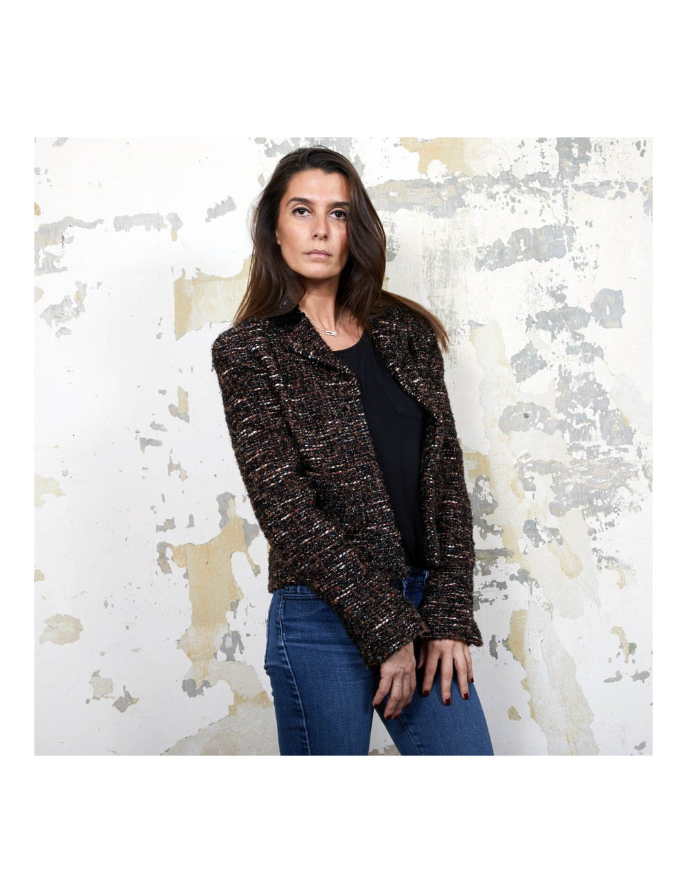 Veste CHANEL T  en tweed marron et fils brillants noirs