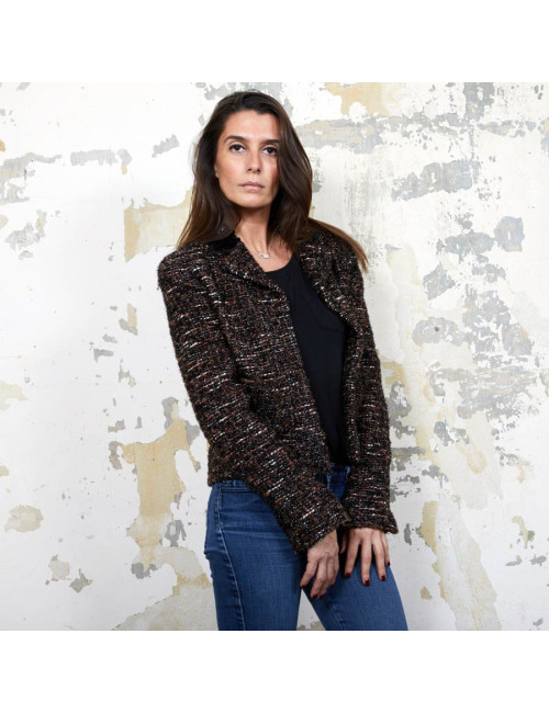 Veste CHANEL T  en tweed marron et fils brillants noirs
