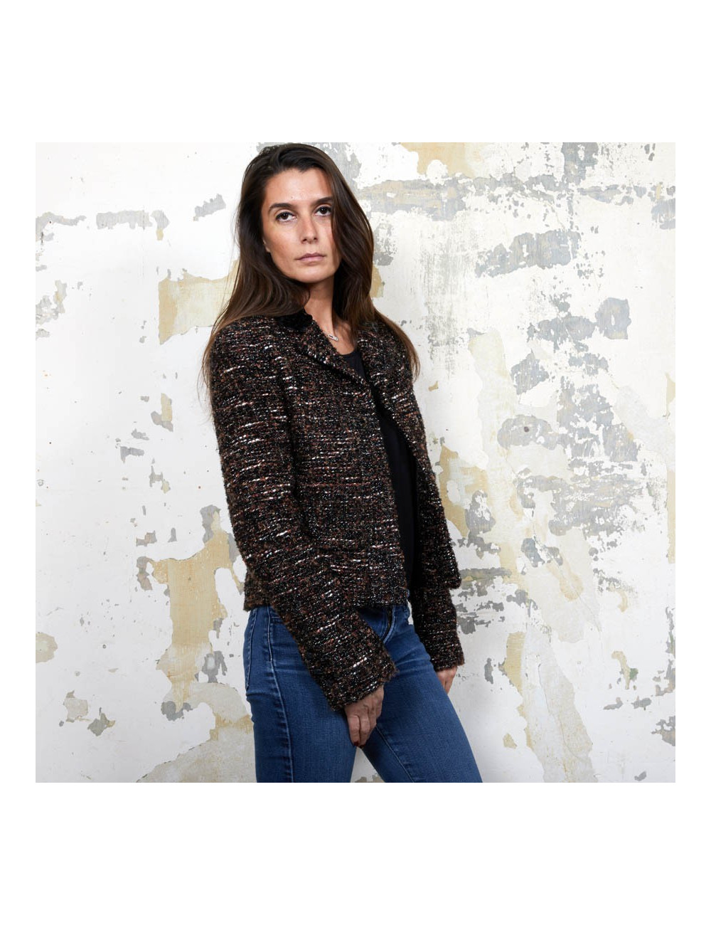 Veste CHANEL T  en tweed marron et fils brillants noirs