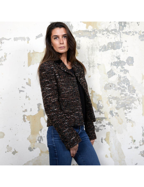 Veste CHANEL T  en tweed marron et fils brillants noirs