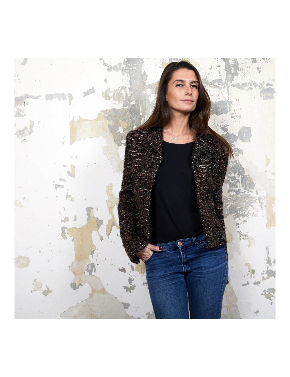 Veste CHANEL T  en tweed marron et fils brillants noirs