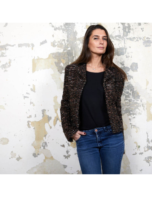 Veste CHANEL T  en tweed marron et fils brillants noirs