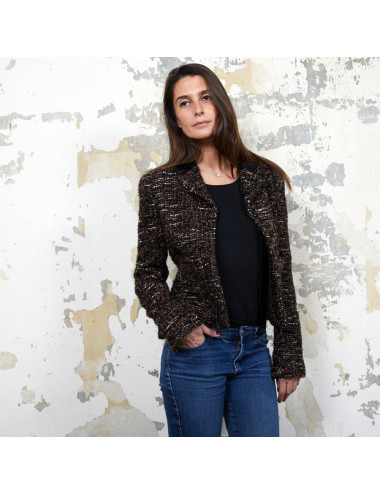 CHANEL T40 jacket in brown tweed and black shiny threads