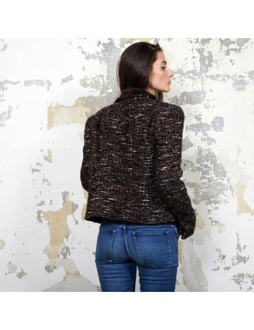 Veste CHANEL T  en tweed marron et fils brillants noirs