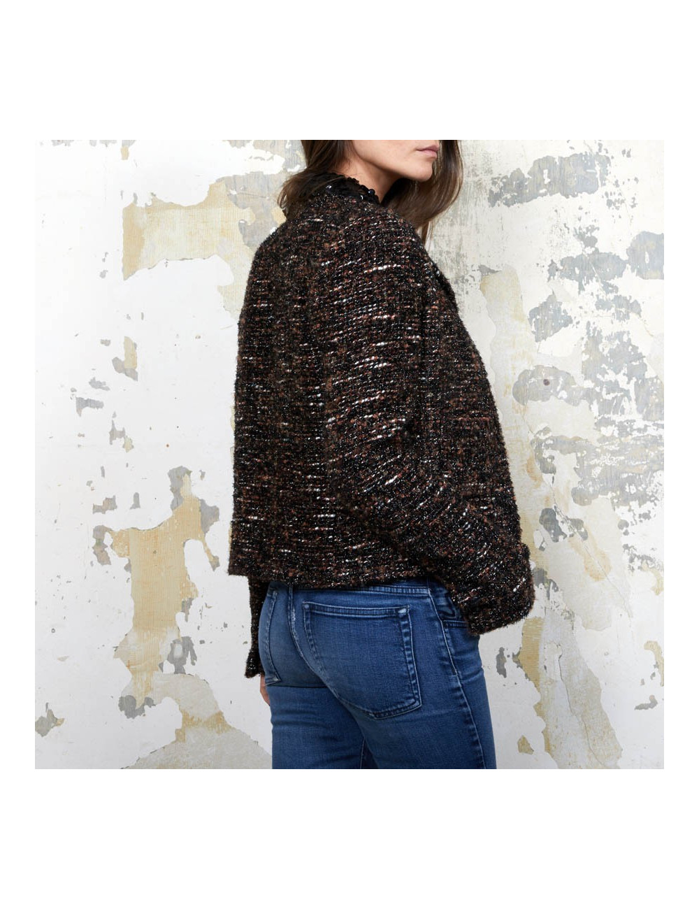 Veste CHANEL T  en tweed marron et fils brillants noirs