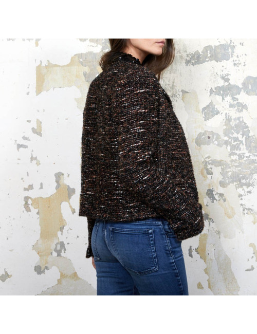 Veste CHANEL T  en tweed marron et fils brillants noirs