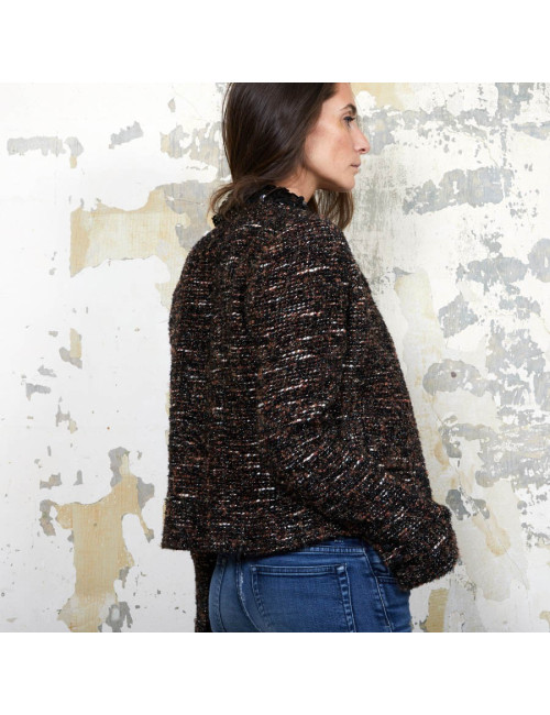 Veste CHANEL T  en tweed marron et fils brillants noirs