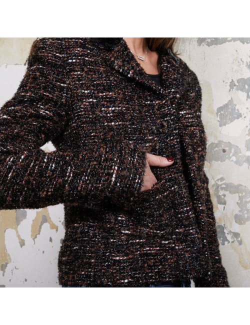 Veste CHANEL T  en tweed marron et fils brillants noirs
