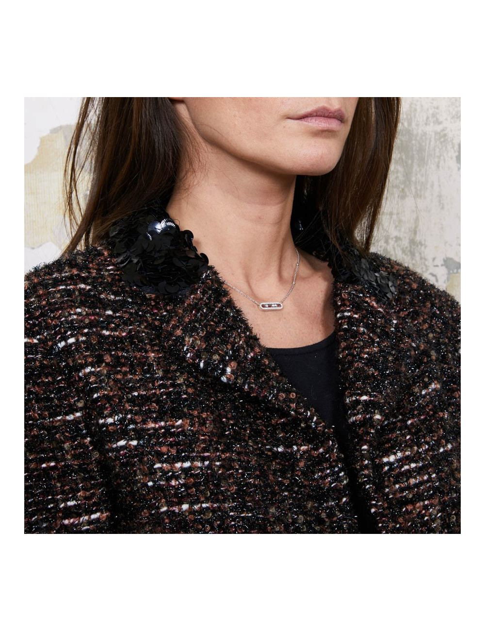 Veste CHANEL T  en tweed marron et fils brillants noirs