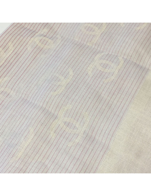 Châle CHANEL à petites franges en coton et soie rose et blanc