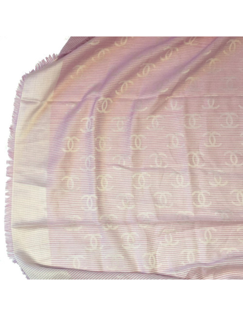 CHANEL shawl with small fringes in pink and white cotton and silk