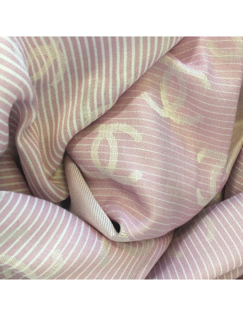 Châle CHANEL à petites franges en coton et soie rose et blanc