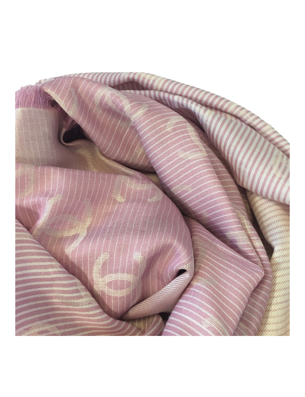 Châle CHANEL à petites franges en coton et soie rose et blanc