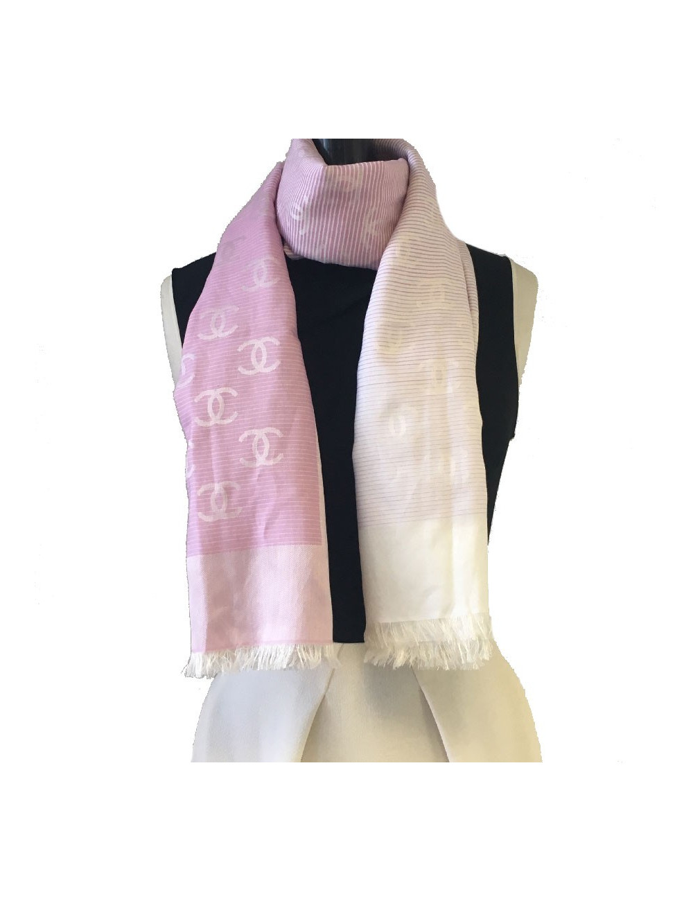CHANEL shawl with small fringes in pink and white cotton and silk