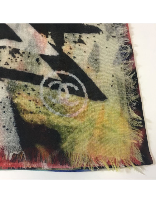 Châle CHANEL à petites franges graffiti en cachemire multicolore
