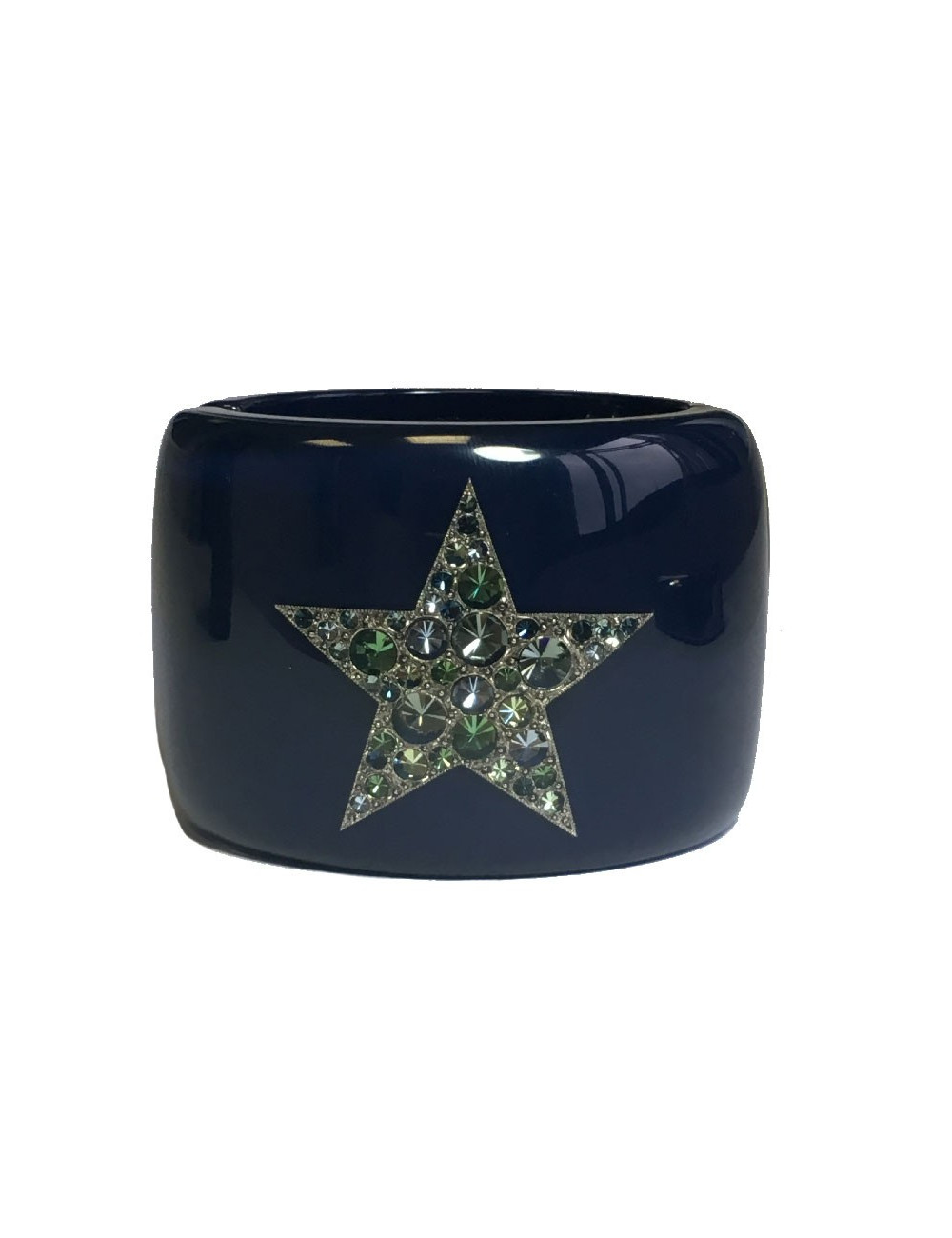 PRIX xxx Manchette CHANEL en résine bleu laqué, CC et étoile avec inclusions de strass 