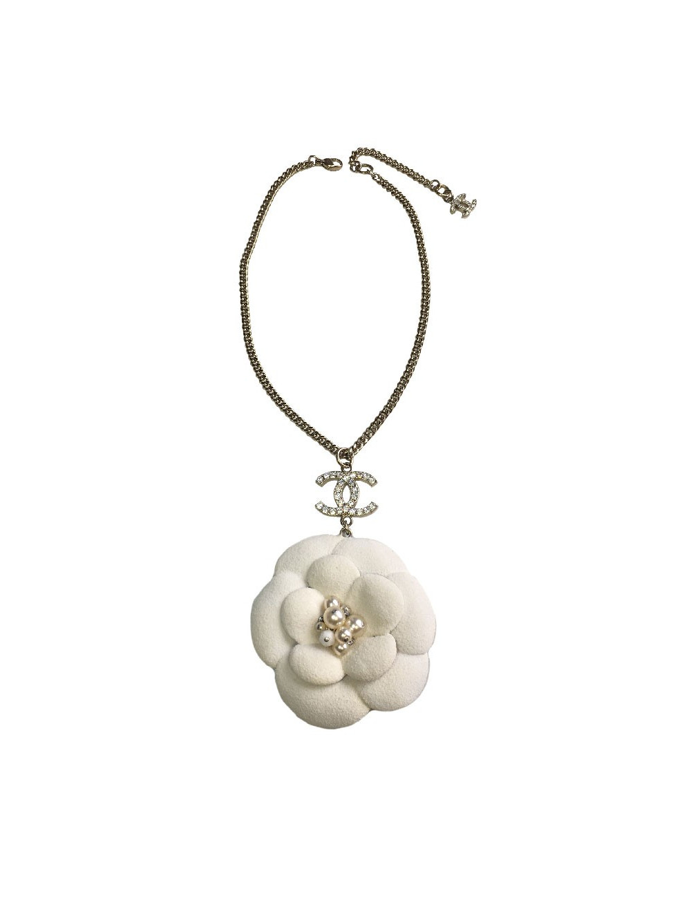 CHANEL necklace in gilded chain and white camellia pendant