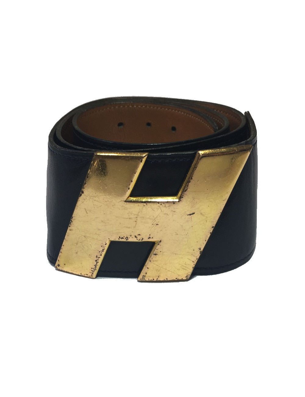 Ceinture HERMES T80 vintage en cuir marine, intérieur cuir gold 