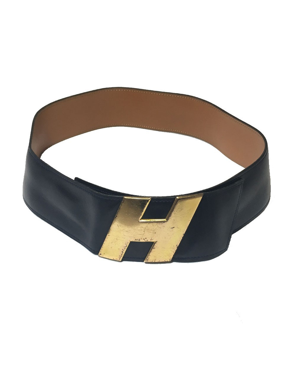 Ceinture HERMES T80 vintage en cuir marine, intérieur cuir gold 