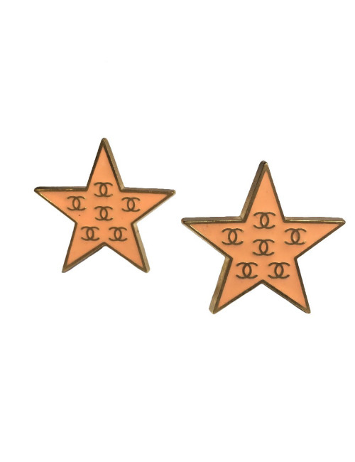 CHANEL star clip-on earrings in gilded metal and coral enamel