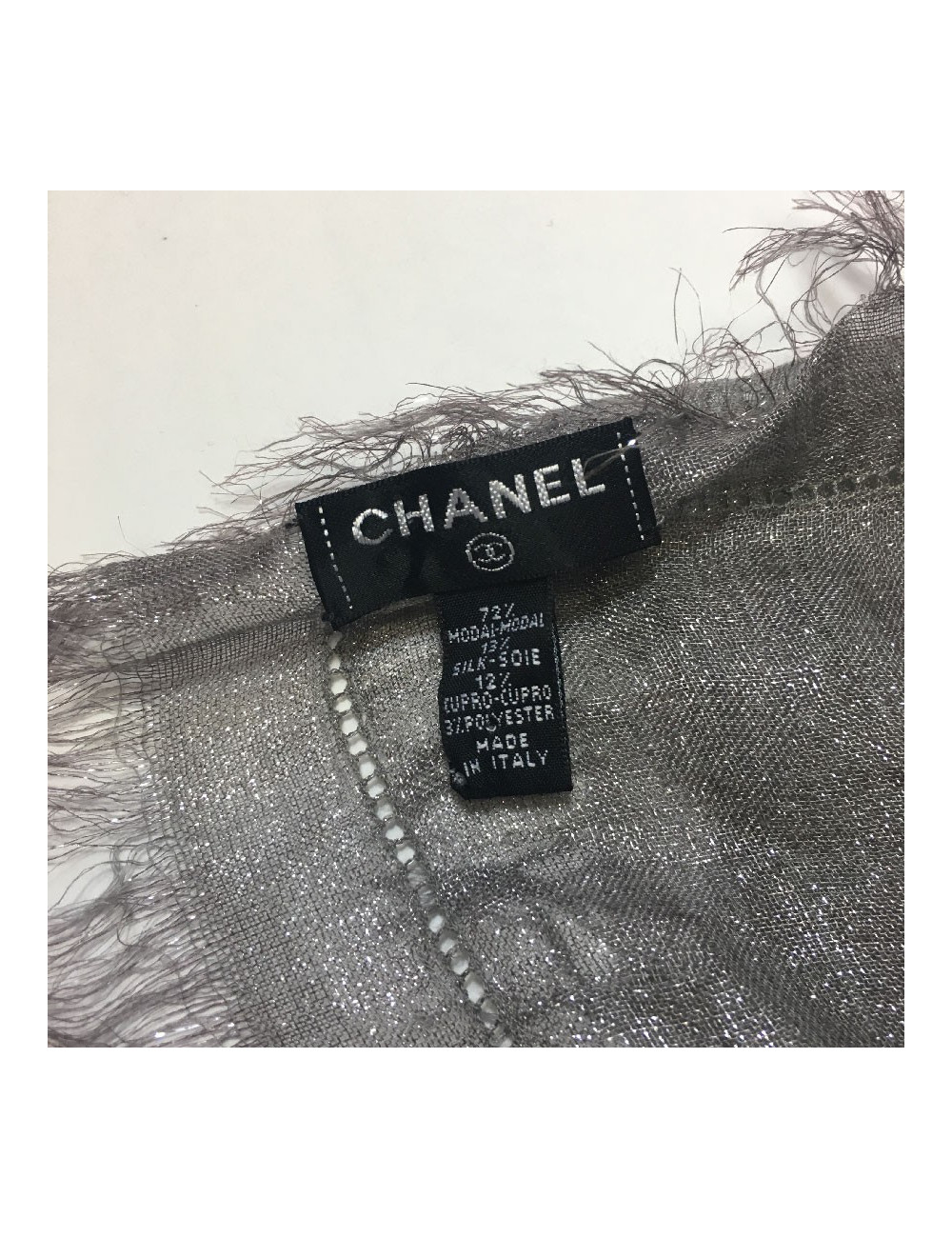 CHANEL shawl in grey modal, silk and cupro with silver threads