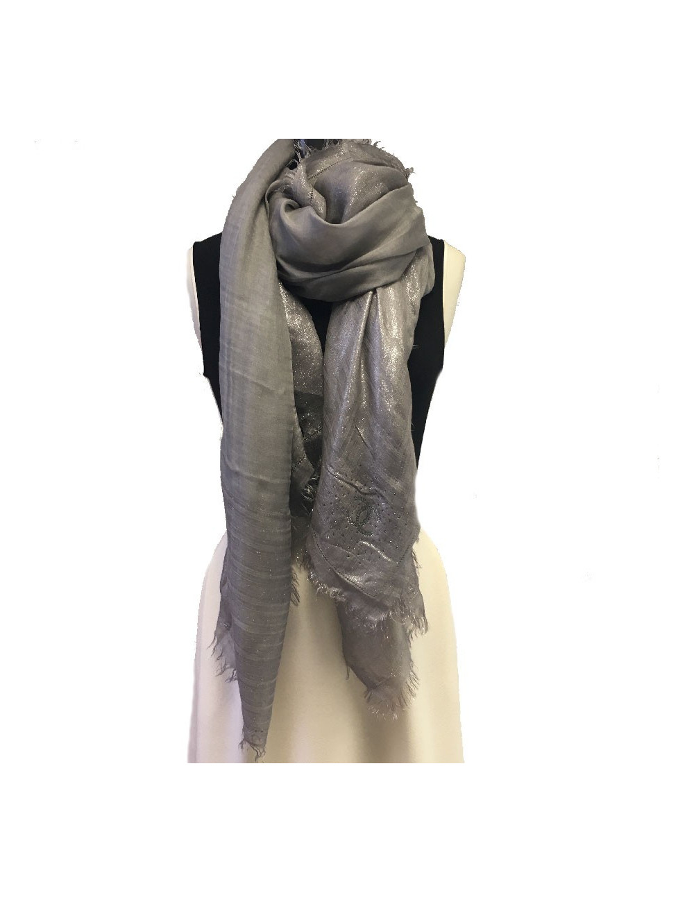 CHANEL shawl in grey modal, silk and cupro with silver threads