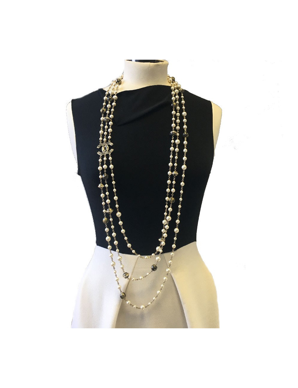 CHANEL Necklace Triple Rows Pearl Beads and Gold and Black Balls