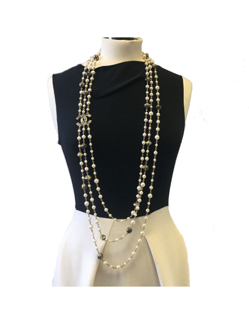 CHANEL Necklace Triple Rows Pearl Beads and Gold and Black Balls