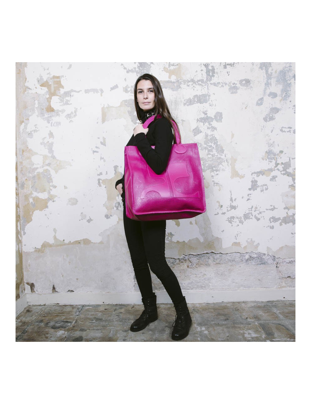COURREGES large tote bag in perforated pink leather