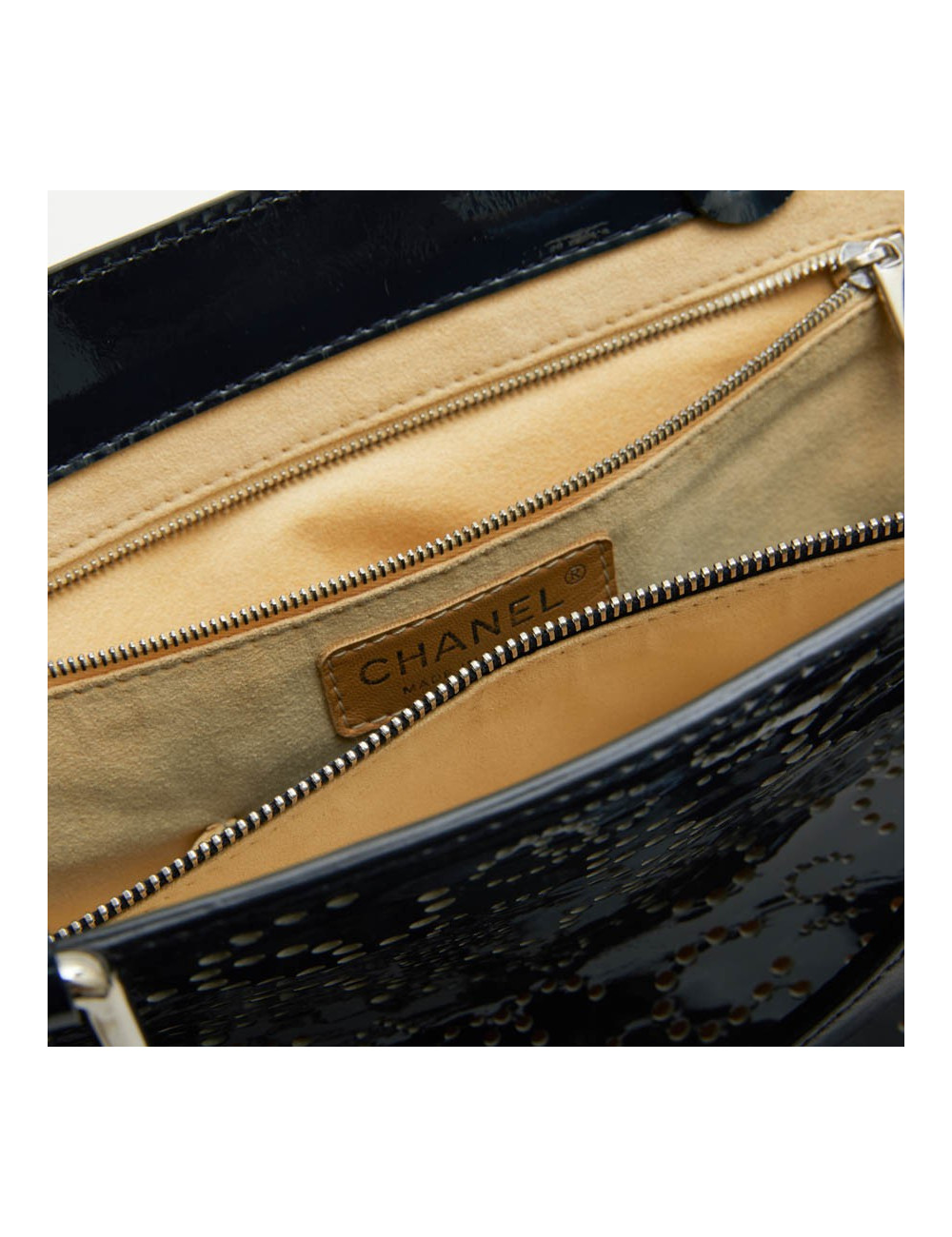 CHANEL bag in perforated navy blue patent leather