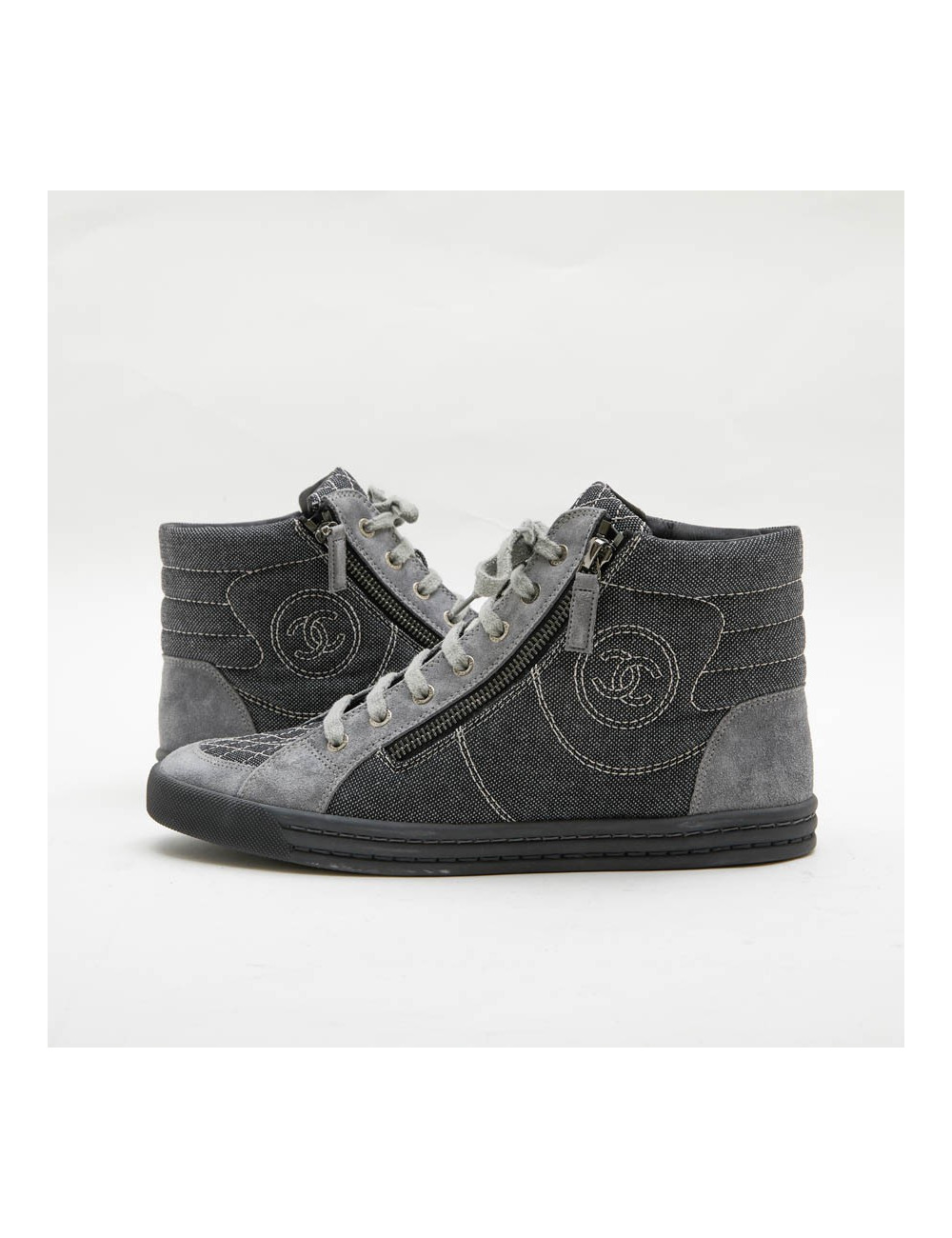 Baskets  Chanel T39,5 denim et veau velours gris