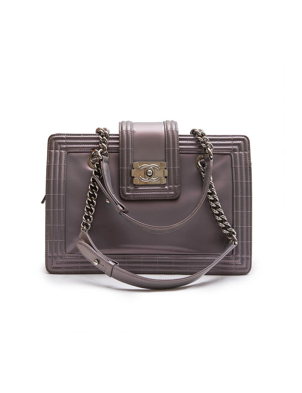 Sac "Boy" GM CHANEL cuir verni gris à reflets mauve