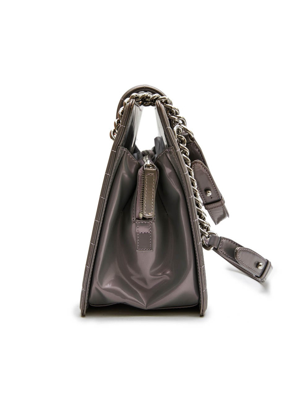 Sac "Boy" GM CHANEL cuir verni gris à reflets mauve