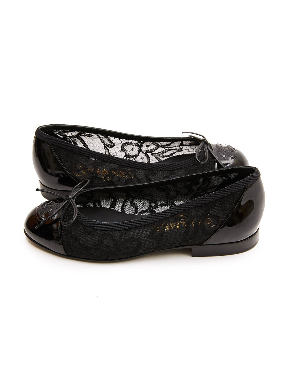Ballerines T 34 CHANEL en dentelle et cuir noir
